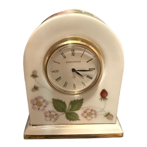 Wedgwood bone china clock featuring the "Wild Strawberry" pattern.